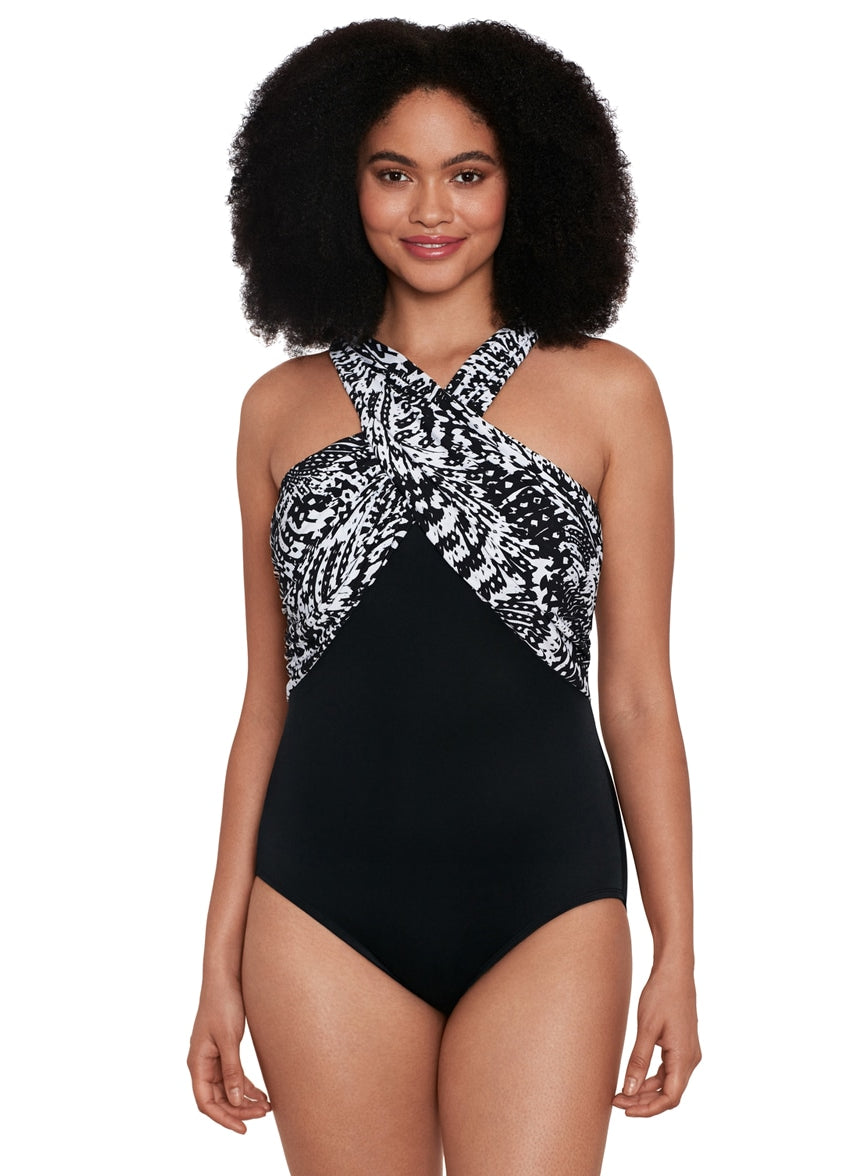 Women's Flutter Crossover Draped Tank Long Torso One Piece Swimsuit