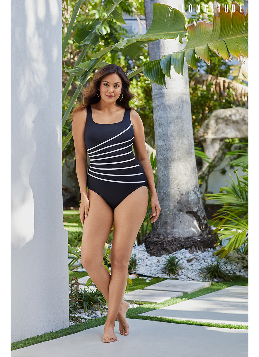 Women's Block It Up 8 Overlay Fan Tank Long Torso One Piece Swimsuit