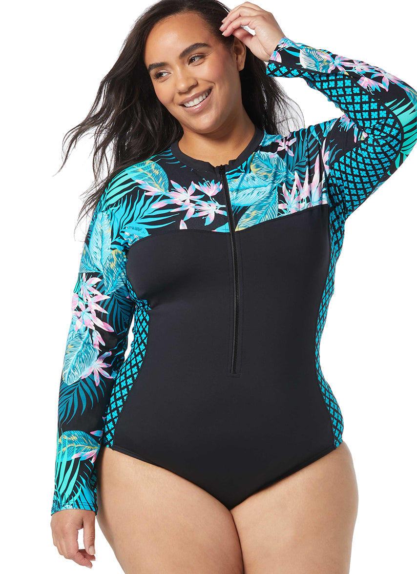 Women's Plus Size Delray Beach Sculpt Long Sleeve Zip Front One Piece Swimsuit