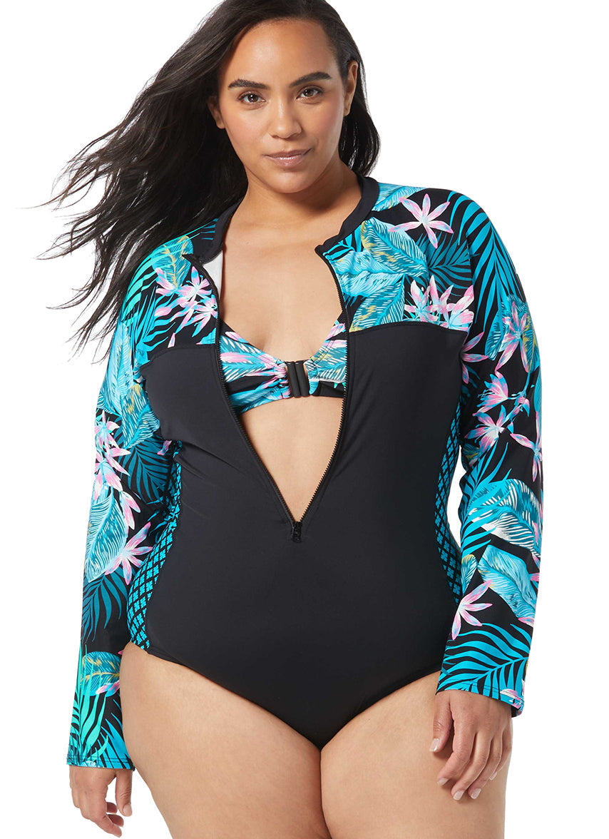 Women's Plus Size Delray Beach Sculpt Long Sleeve Zip Front One Piece Swimsuit