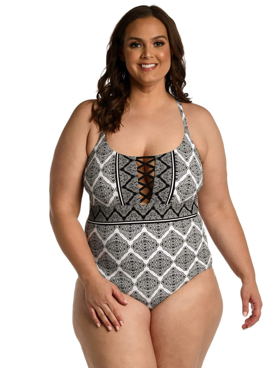 Women's Plus Oasis Tile Strappy One Piece Swimsuit