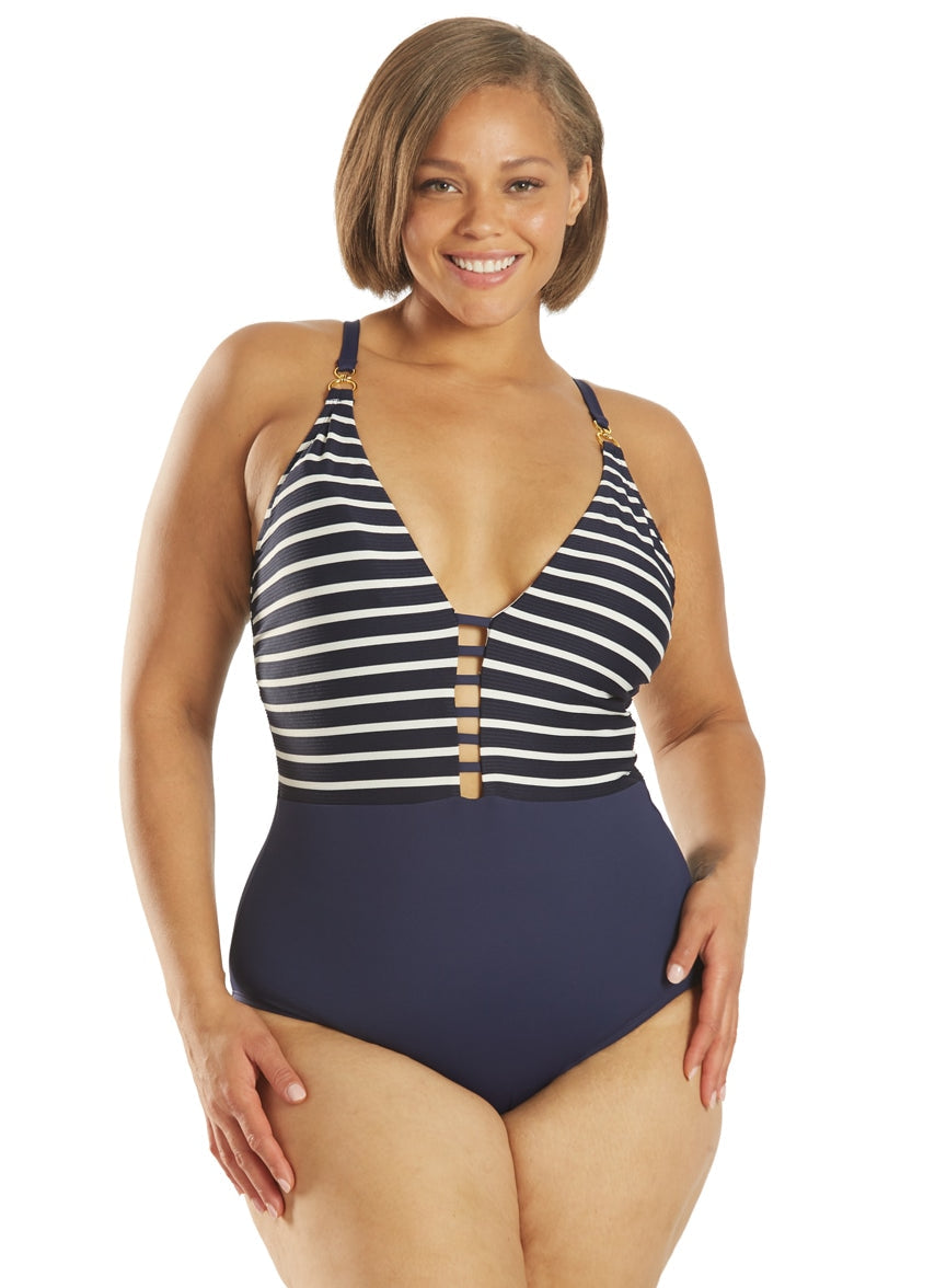 Women's Plus Size Capri Stripe Plunge One Piece Swimsuit