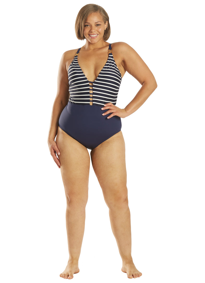 Women's Plus Size Capri Stripe Plunge One Piece Swimsuit