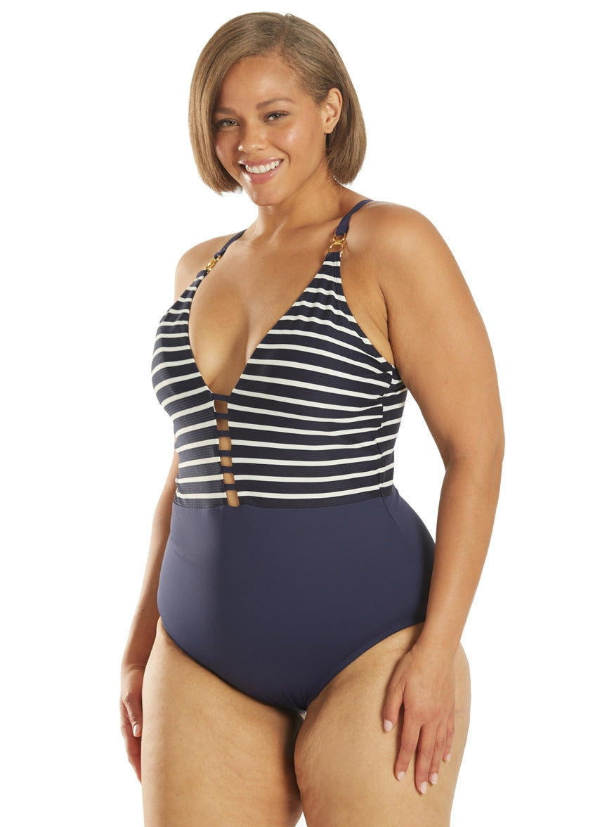 Women's Plus Size Capri Stripe Plunge One Piece Swimsuit