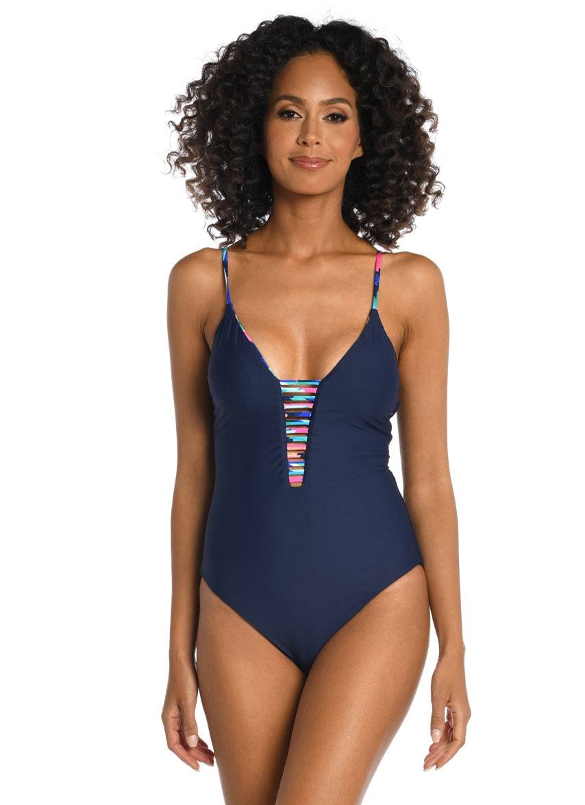 Women's Painted Leaves Reversible Plunge One Piece Swimsuit