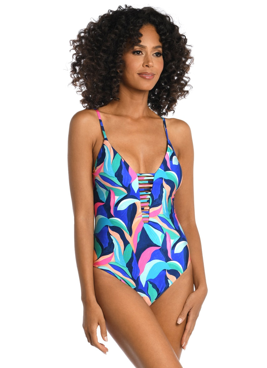 Women's Painted Leaves Reversible Plunge One Piece Swimsuit