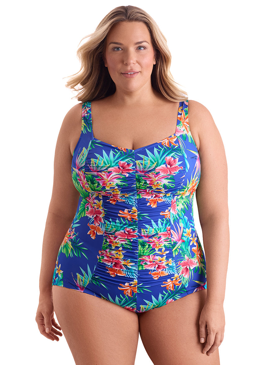 Women's Plus Size Tropical Tendencies Shirred Front Princess Seam Girl Leg One Piece Swimsuit