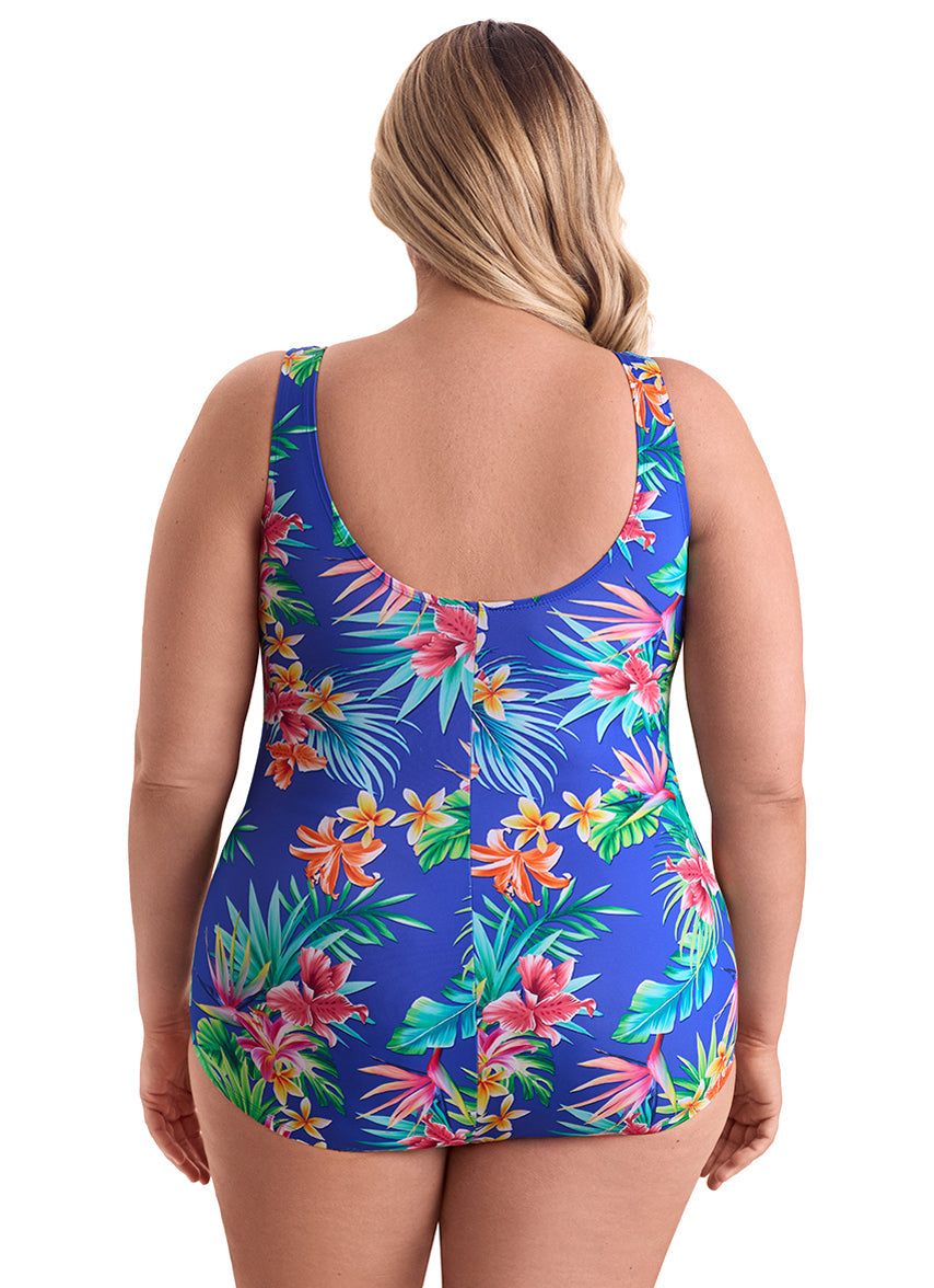 Women's Plus Size Tropical Tendencies Shirred Front Princess Seam Girl Leg One Piece Swimsuit