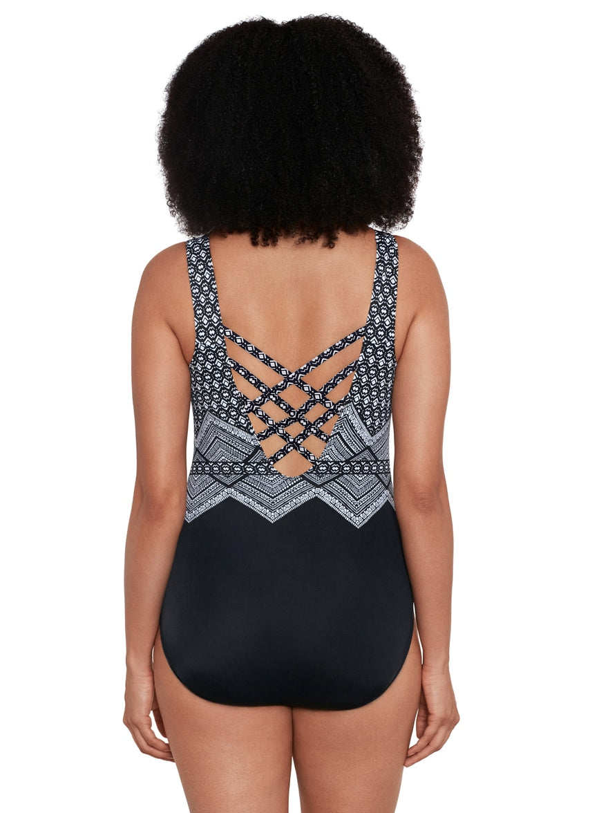 Women's Lace To The Top Triple Cross Back Tank Long Torso One Piece Swimsuit