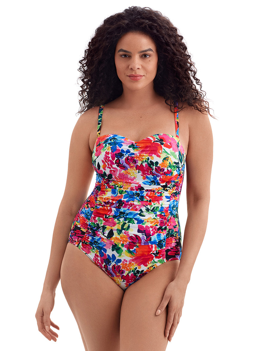 Women's Blooming Bouquet Shirred Sweetheart Tank Long Torso One Piece Swimsuit
