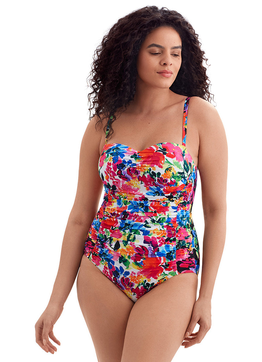 Women's Blooming Bouquet Shirred Sweetheart Tank Long Torso One Piece Swimsuit