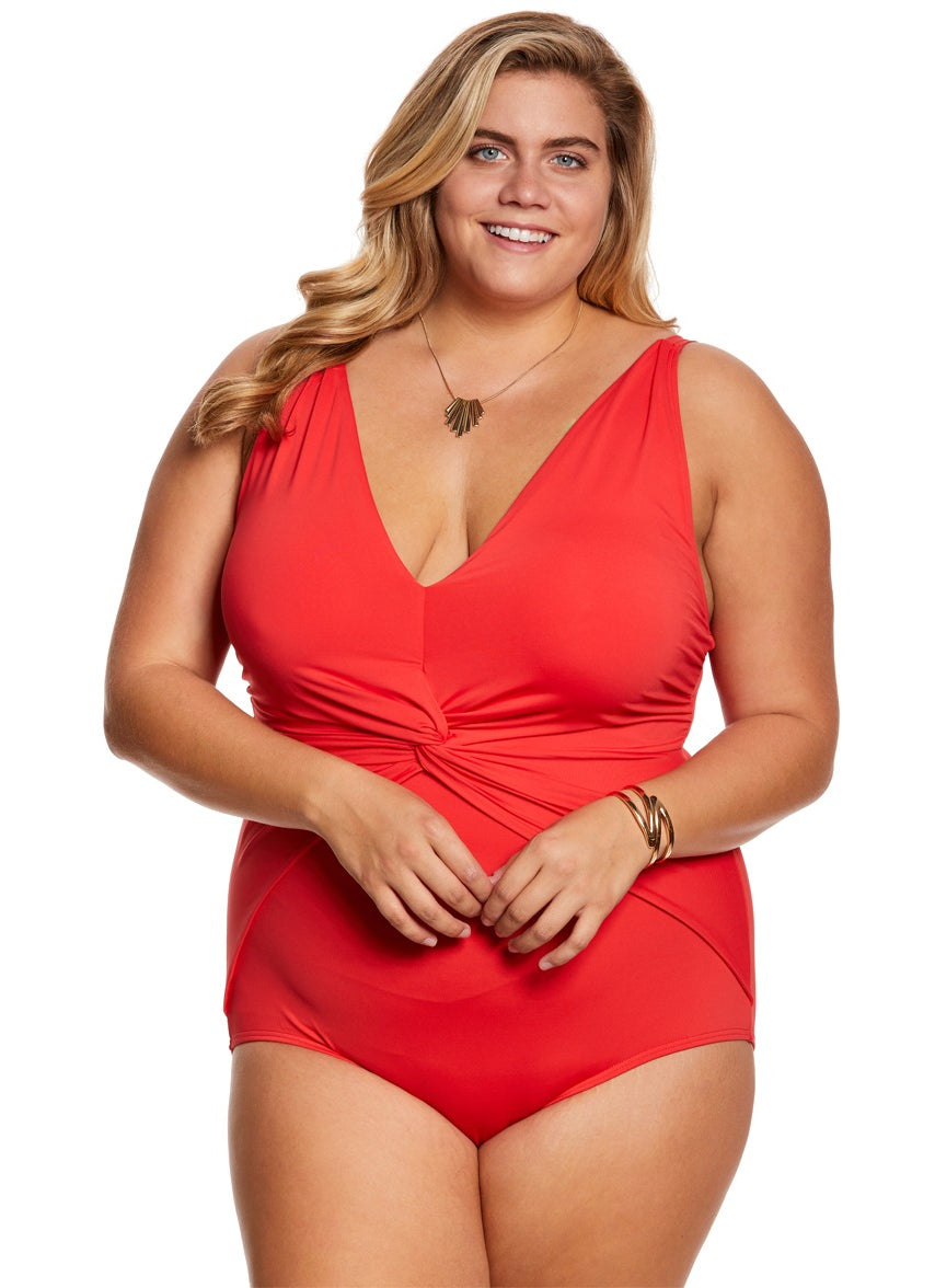Swimwear Plus Size Solid Deep V Twist One Piece Swimsuit