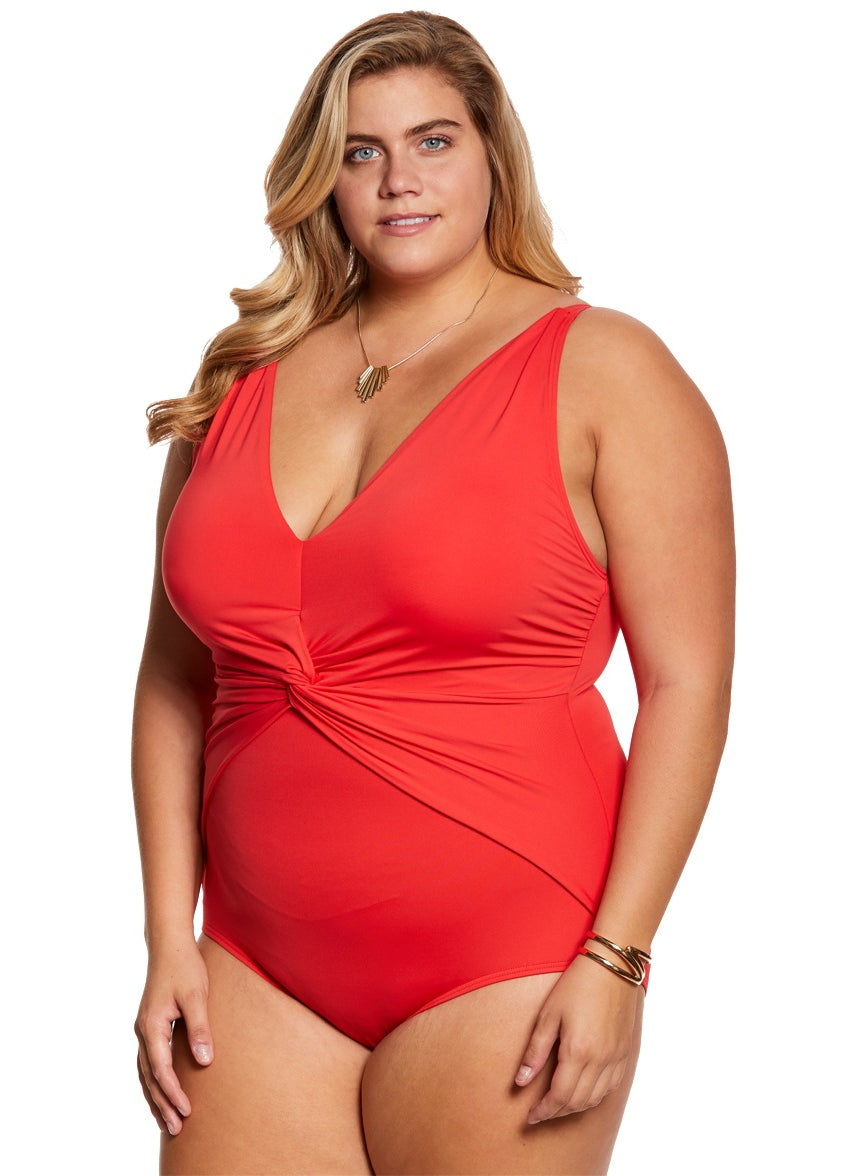 Swimwear Plus Size Solid Deep V Twist One Piece Swimsuit